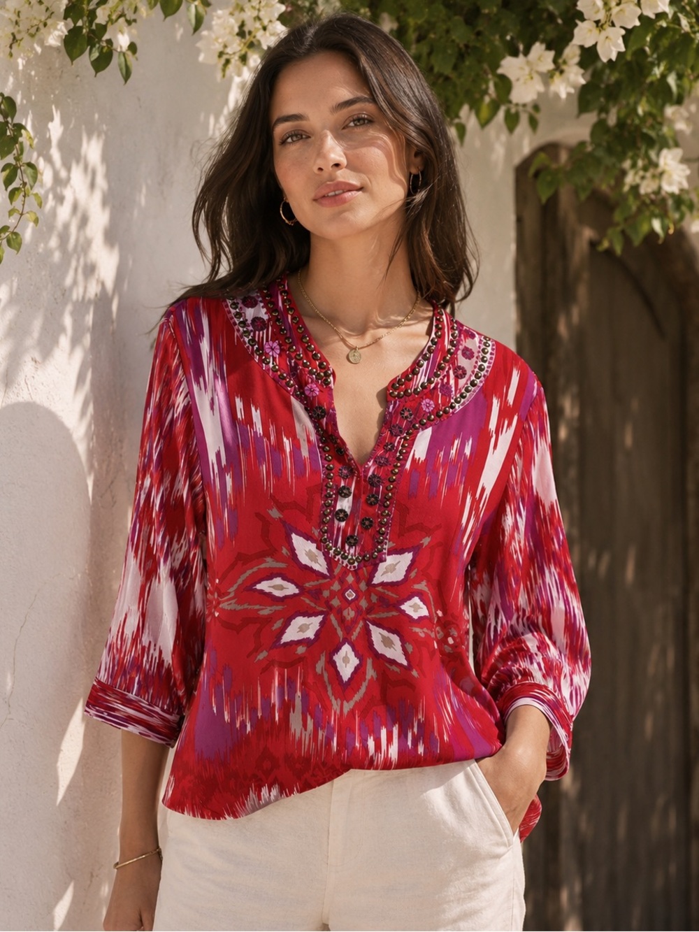 Chicos‎ Ikat Print Studded Split Neck Tunic Red Pink White Size 3 XL Womens